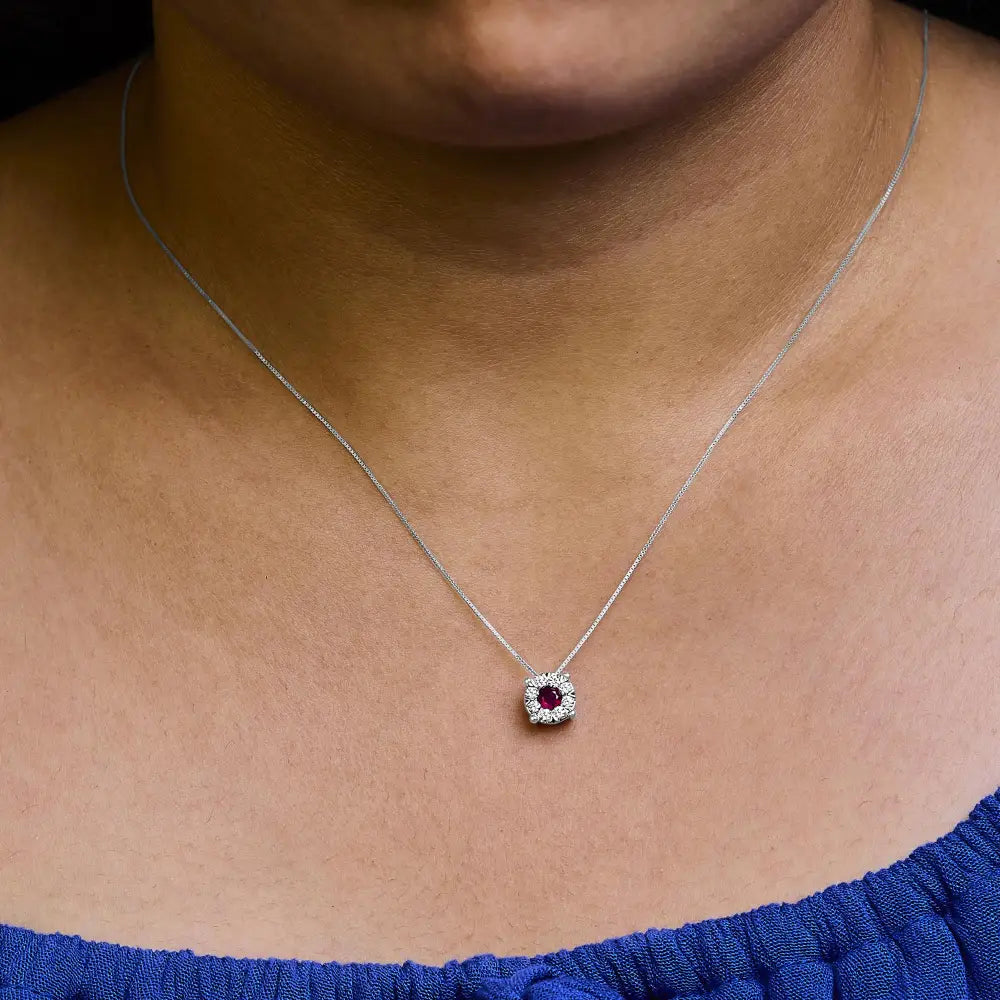 14k white gold 1/3 cttw diamond and red ruby halo pendant necklace bijoux-nyc direct
