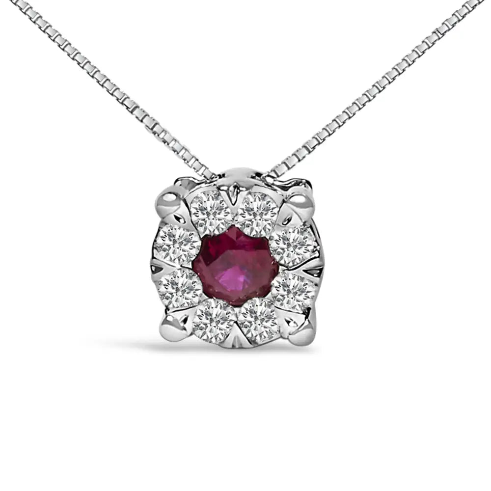14k white gold 1/3 cttw diamond and red ruby halo pendant necklace bijoux-nyc direct