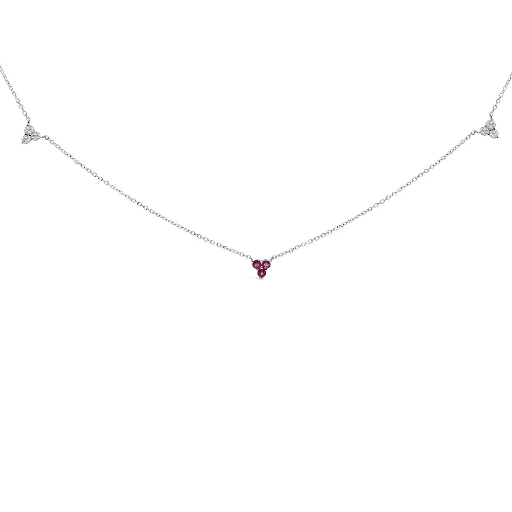 14k white gold ruby and 1/5 cttw diamond tri station necklace bijoux-nyc direct