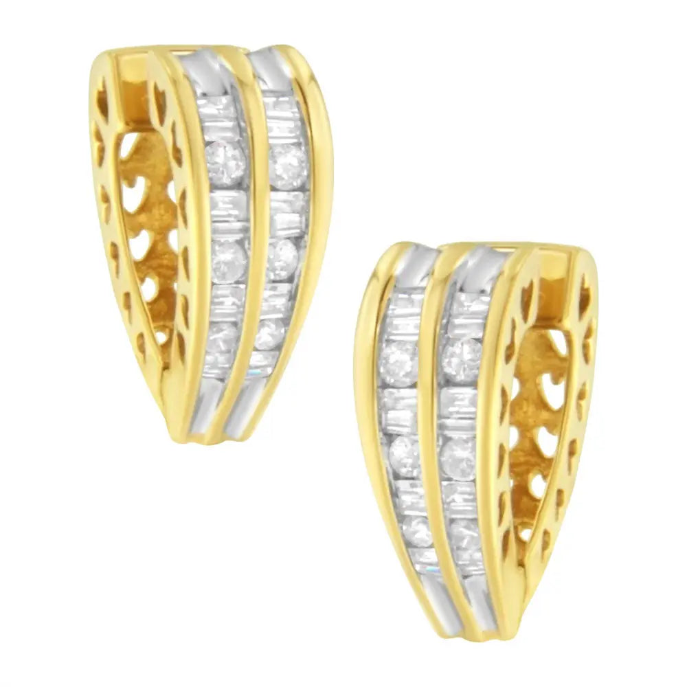 14K Yellow and White Gold 1.0 Cttw Channel Set Round and Baguette Diamond Multi Row Huggy Hoop Earrings (I-J Color, I2-I3 Clarity) - Bijoux-NYC Direct