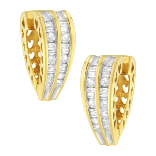 14K Yellow and White Gold 1.0 Cttw Channel Set Round and Baguette Diamond Multi Row Huggy Hoop Earrings (I-J Color, I2-I3 Clarity) - Bijoux-NYC Direct