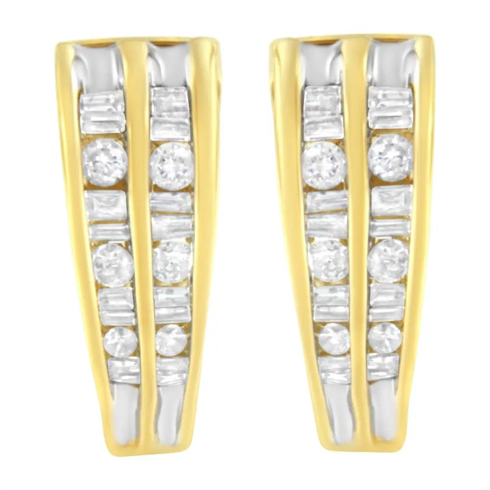 14K Yellow and White Gold 1.0 Cttw Channel Set Round and Baguette Diamond Multi Row Huggy Hoop Earrings (I-J Color, I2-I3 Clarity) - Bijoux-NYC Direct