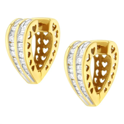 14K Yellow and White Gold 1.0 Cttw Channel Set Round and Baguette Diamond Multi Row Huggy Hoop Earrings (I-J Color, I2-I3 Clarity) - Bijoux-NYC Direct