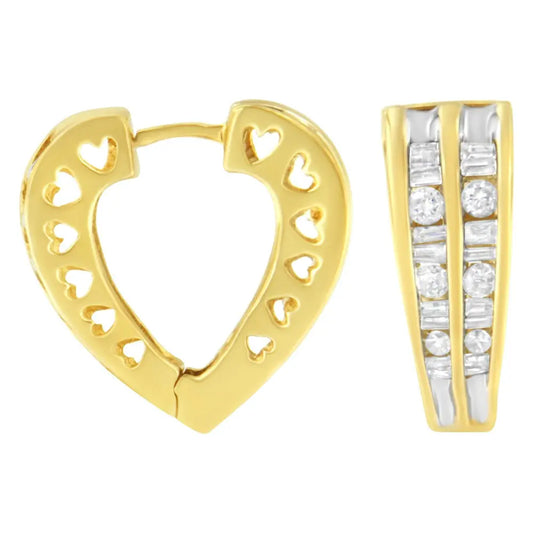 14K Yellow and White Gold 1.0 Cttw Channel Set Round and Baguette Diamond Multi Row Huggy Hoop Earrings (I-J Color, I2-I3 Clarity) - Bijoux-NYC Direct
