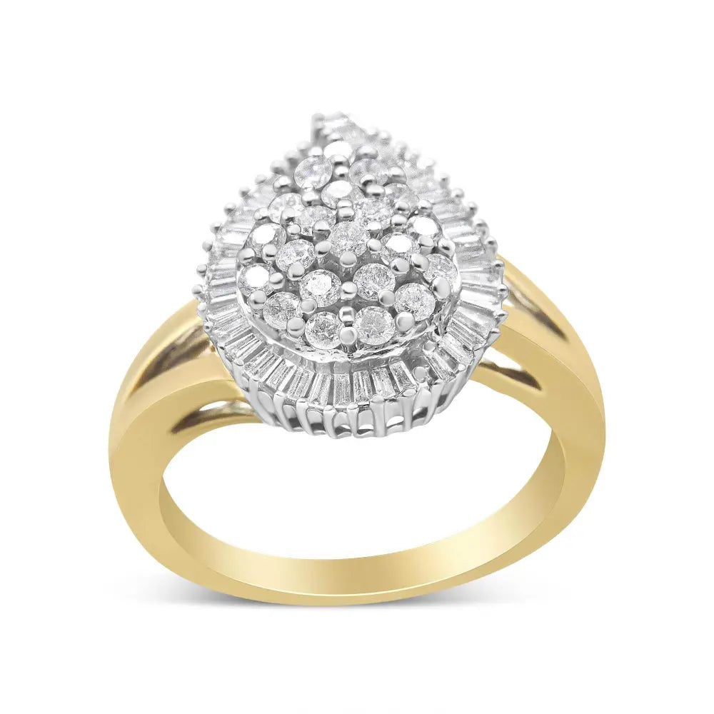 14K Yellow and White Gold 1.00 Cttw Round and Baguette-Cut Diamond Ballerina Cocktail Ring (H-I Color, SI2-I1 Clarity) - Bijoux-NYC Direct