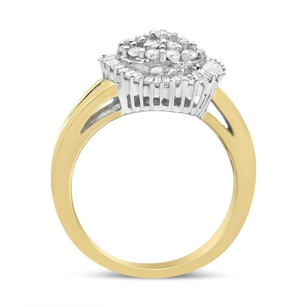 14K Yellow and White Gold 1.00 Cttw Round and Baguette-Cut Diamond Ballerina Cocktail Ring (H-I Color, SI2-I1 Clarity) - Bijoux-NYC Direct