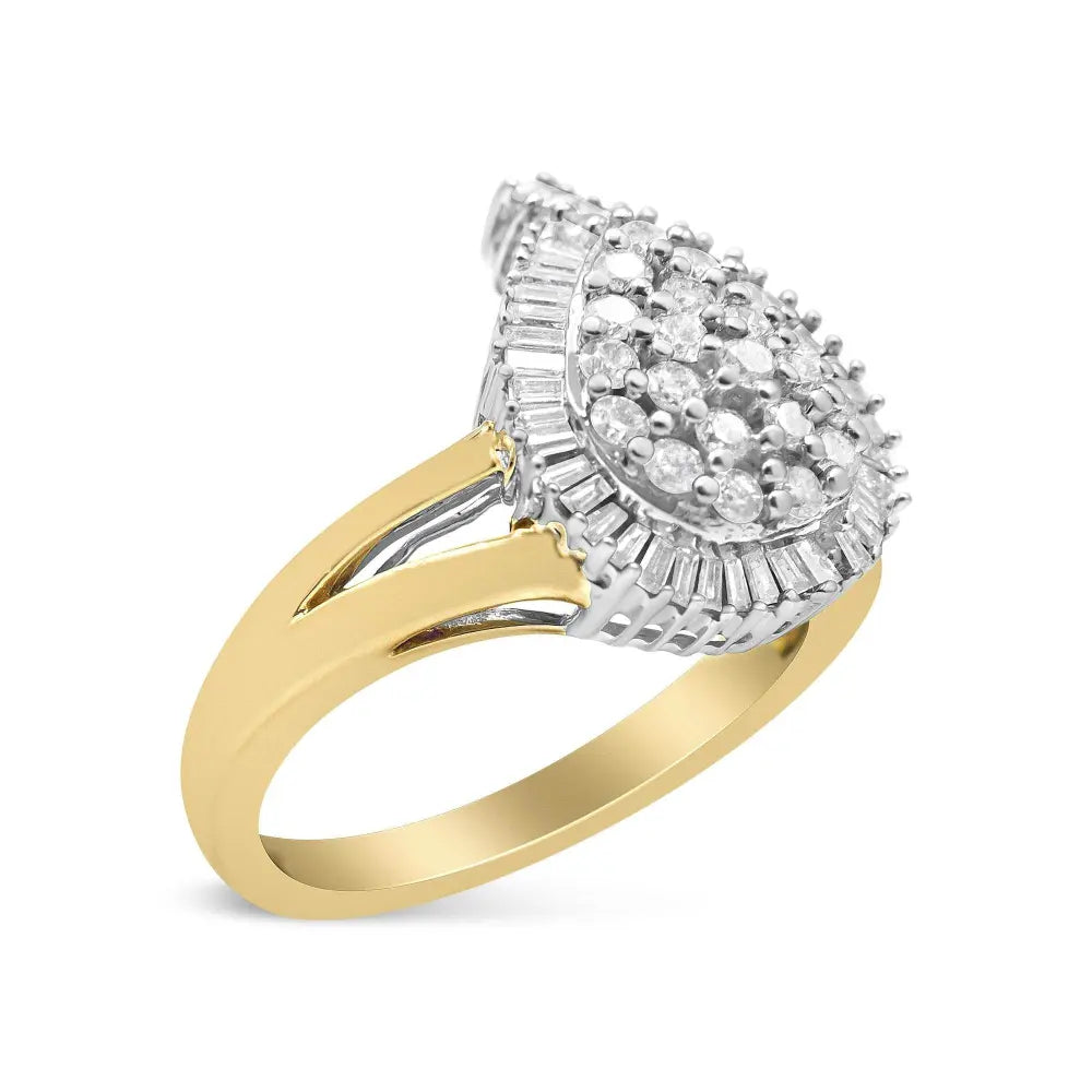 14K Yellow and White Gold 1.00 Cttw Round and Baguette-Cut Diamond Ballerina Cocktail Ring (H-I Color, SI2-I1 Clarity) - Bijoux-NYC Direct