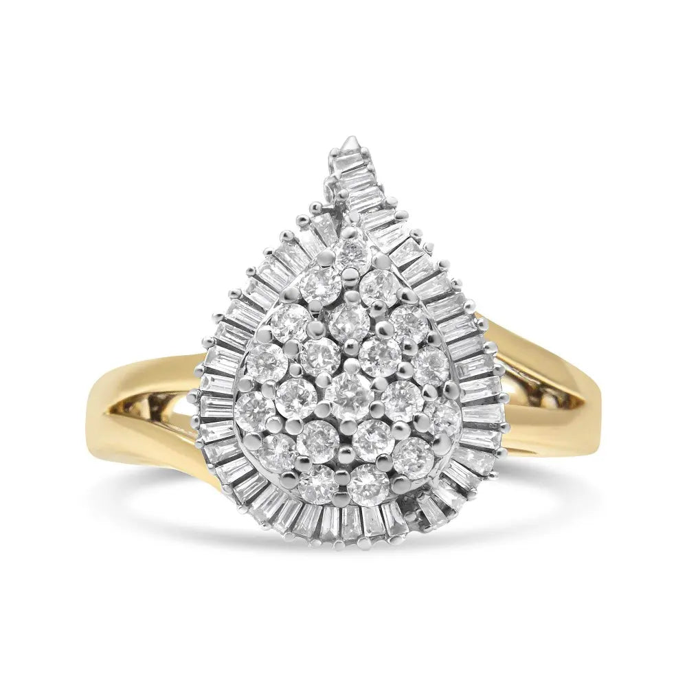 14K Yellow and White Gold 1.00 Cttw Round and Baguette-Cut Diamond Ballerina Cocktail Ring (H-I Color, SI2-I1 Clarity) - Bijoux-NYC Direct