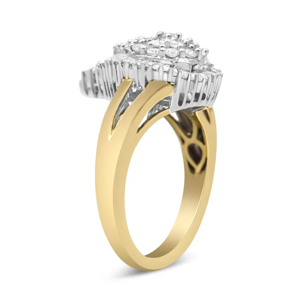 14K Yellow and White Gold 1.00 Cttw Round and Baguette-Cut Diamond Ballerina Cocktail Ring (H-I Color, SI2-I1 Clarity) - Bijoux-NYC Direct