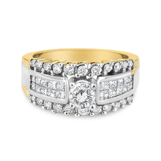 14K Yellow and White Gold 1 1/2 Cttw Round and Princess-Cut Diamond Band Ring (H-I Color, SI2-I Clarity) - Bijoux-NYC Direct