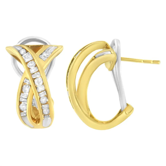 14k yellow and white gold 1/2 tdw ’x’ shape cross over diamond hoop earrings (i j i2 i3) earrings/earrings/clip ons handcrafted
