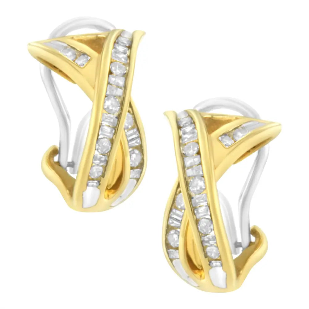 14k two tone gold 1/2 ct tdw x shape diamond crossover hoop earrings bijoux-nyc direct