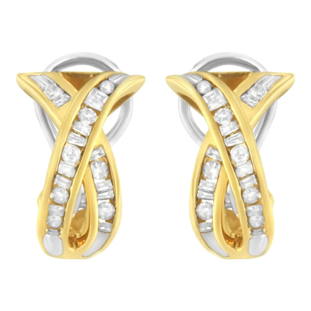 14k two tone gold 1/2 ct tdw x shape diamond crossover hoop earrings bijoux-nyc direct