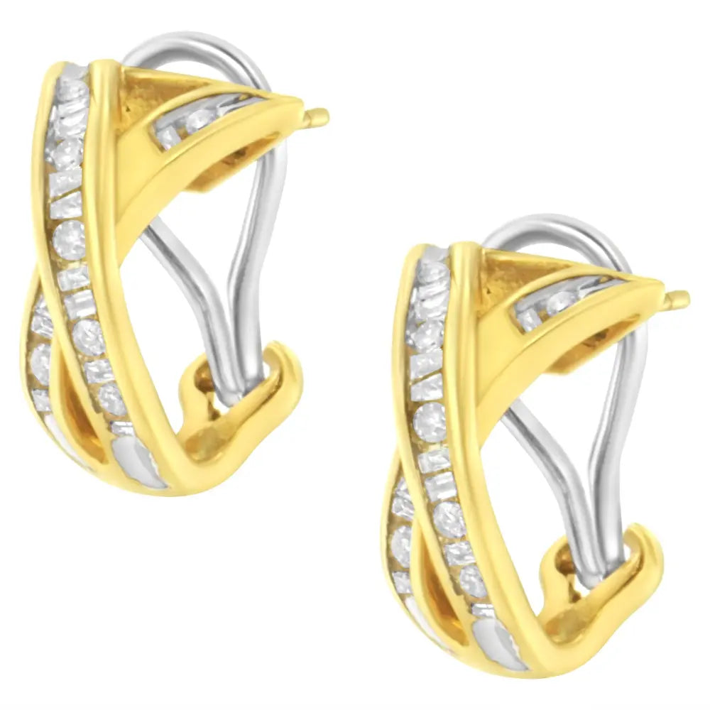14k yellow and white gold 1/2 tdw ’x’ shape cross over diamond hoop earrings (i j i2 i3) earrings/earrings/clip ons handcrafted