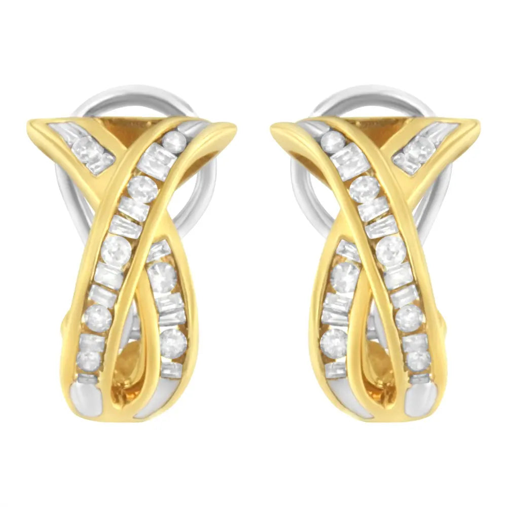 14k yellow and white gold 1/2 tdw ’x’ shape cross over diamond hoop earrings (i j i2 i3) earrings/earrings/clip ons handcrafted