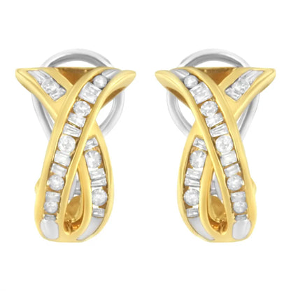 14k yellow and white gold 1/2 tdw ’x’ shape cross over diamond hoop earrings (i j i2 i3) earrings/earrings/clip ons handcrafted