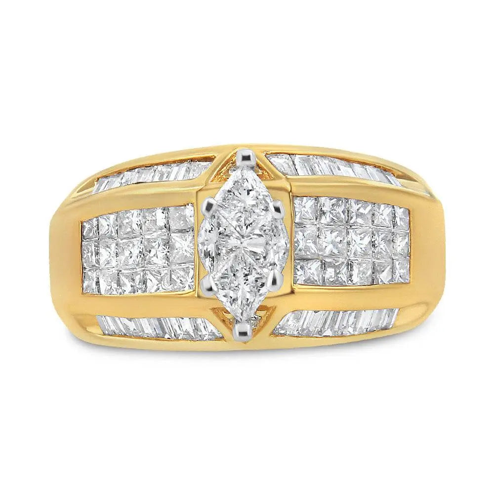 14K Yellow and White Gold 1 3/4 Cttw Round, Baguette, Princess and Pie-Cut Diamond Ring (H-I Color, SI1-SI2 Clarity) - Bijoux-NYC Direct