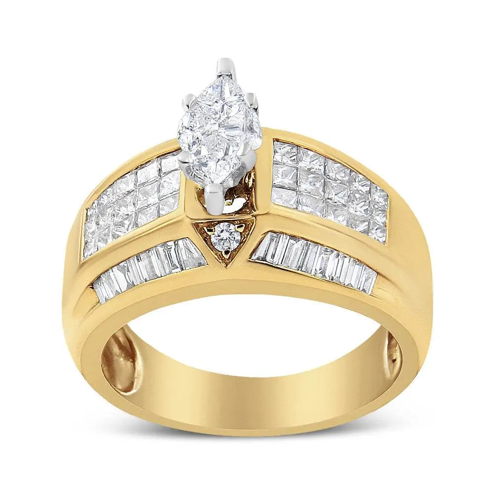 14K Yellow and White Gold 1 3/4 Cttw Round, Baguette, Princess and Pie-Cut Diamond Ring (H-I Color, SI1-SI2 Clarity) - Bijoux-NYC Direct