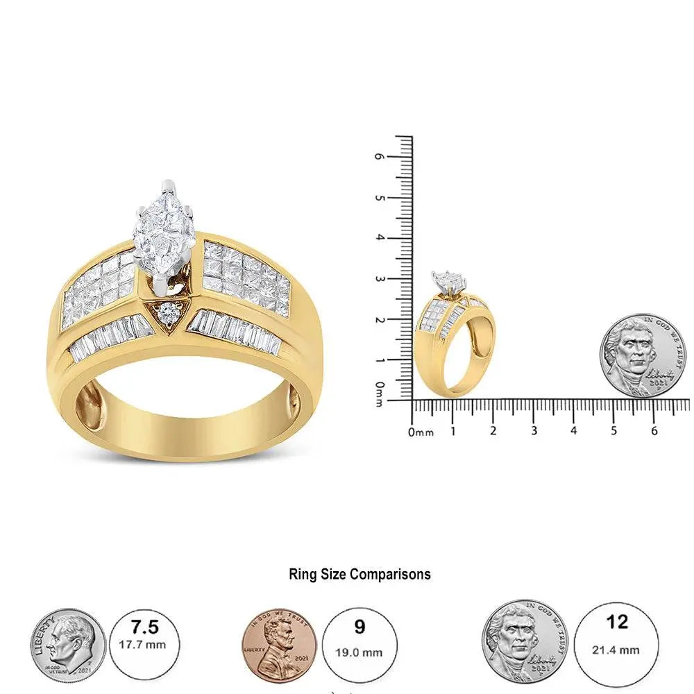 14K Yellow and White Gold 1 3/4 Cttw Round, Baguette, Princess and Pie-Cut Diamond Ring (H-I Color, SI1-SI2 Clarity) - Bijoux-NYC Direct