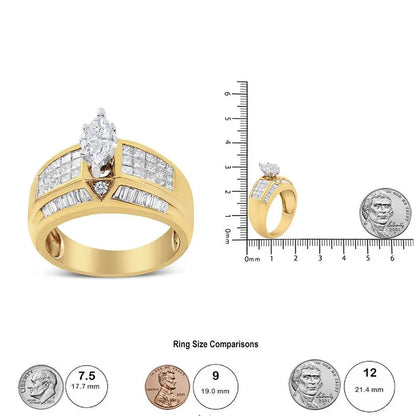 14K Yellow and White Gold 1 3/4 Cttw Round, Baguette, Princess and Pie-Cut Diamond Ring (H-I Color, SI1-SI2 Clarity) - Bijoux-NYC Direct