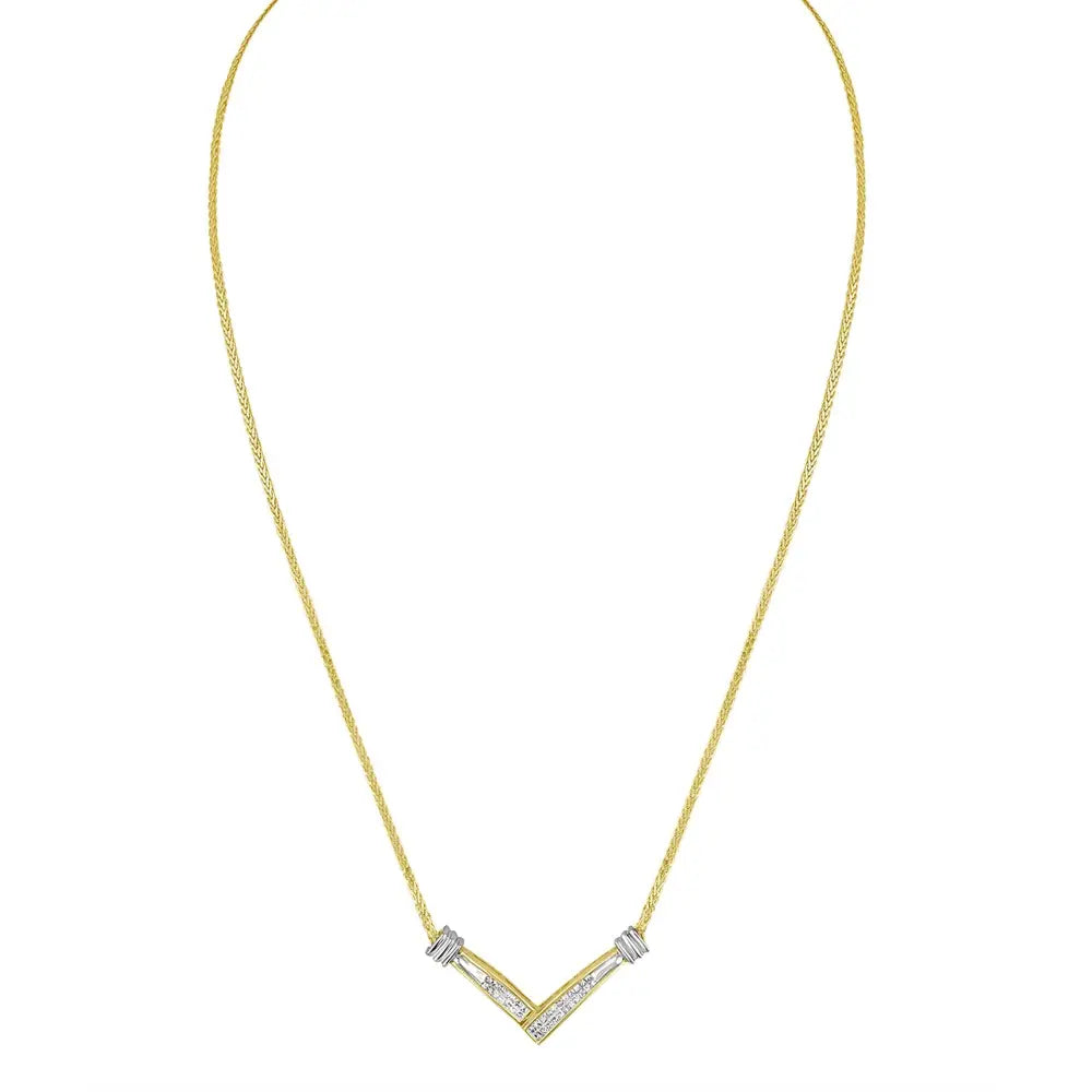 Princess cut diamond v-shape pendant necklace in 14k two-tone gold – 1/4 cttw bijoux-nyc direct