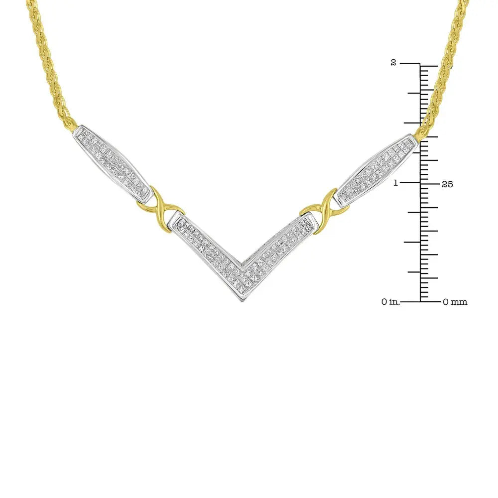 14K Yellow and White Gold 2.0 Cttw Princess Cut Diamond Flared and X-Station V Shaped 18” Franco Chain Statement Necklace (H-I Color, SI2-I1 Clarity) - Bijoux-NYC Direct