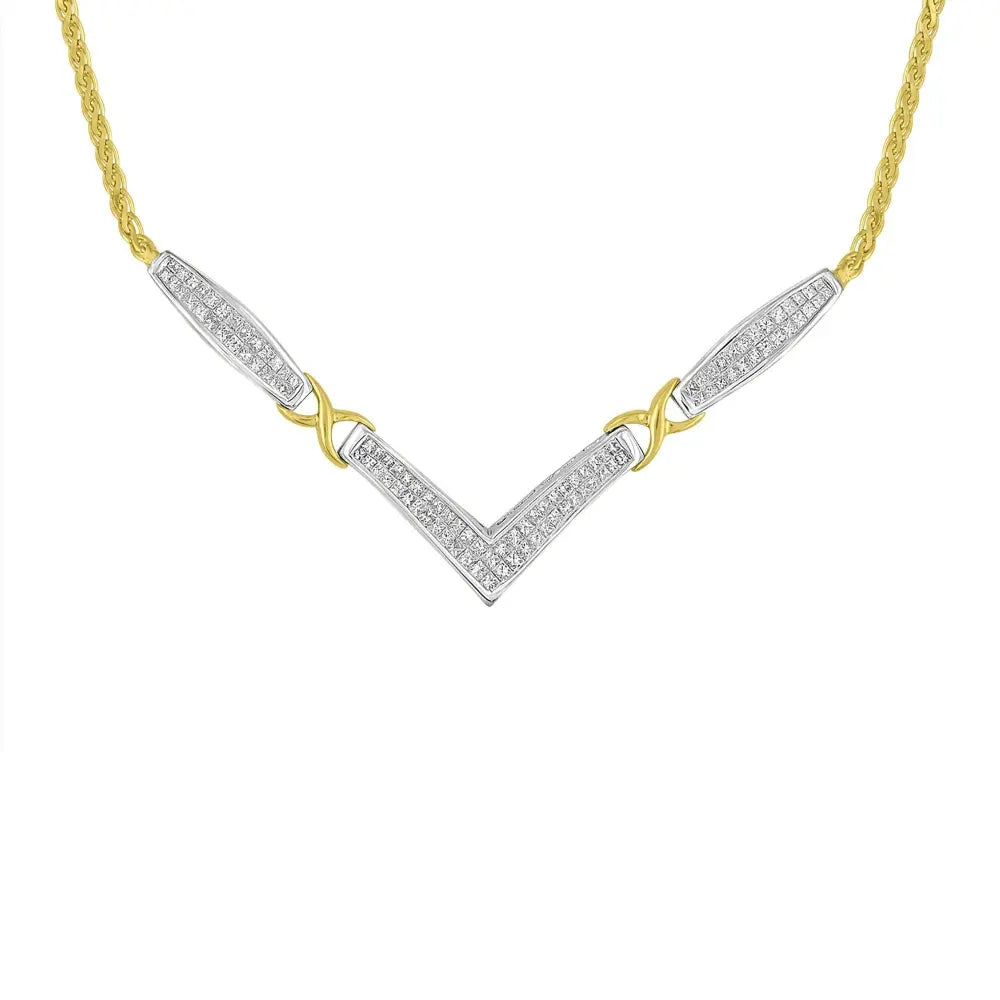14K Yellow and White Gold 2.0 Cttw Princess Cut Diamond Flared and X-Station V Shaped 18” Franco Chain Statement Necklace (H-I Color, SI2-I1 Clarity) - Bijoux-NYC Direct