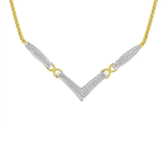 14K Yellow and White Gold 2.0 Cttw Princess Cut Diamond Flared and X-Station V Shaped 18” Franco Chain Statement Necklace (H-I Color, SI2-I1 Clarity) - Bijoux-NYC Direct