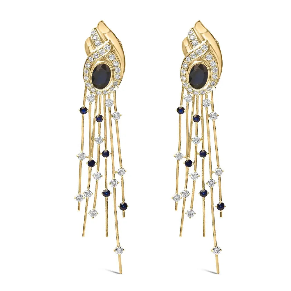 14k yellow gold 1.0 cttw diamond and blue sapphire chandelier earrings bijoux-nyc direct