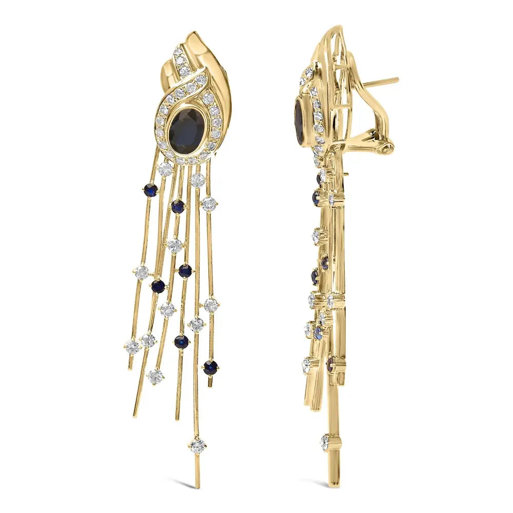 14k yellow gold 1.0 cttw diamond and blue sapphire chandelier earrings bijoux-nyc direct