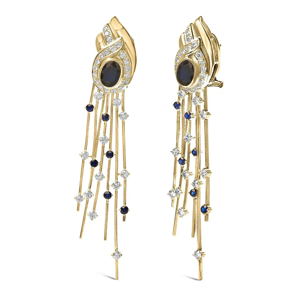 14k yellow gold 1.0 cttw diamond and blue sapphire chandelier earrings bijoux-nyc direct