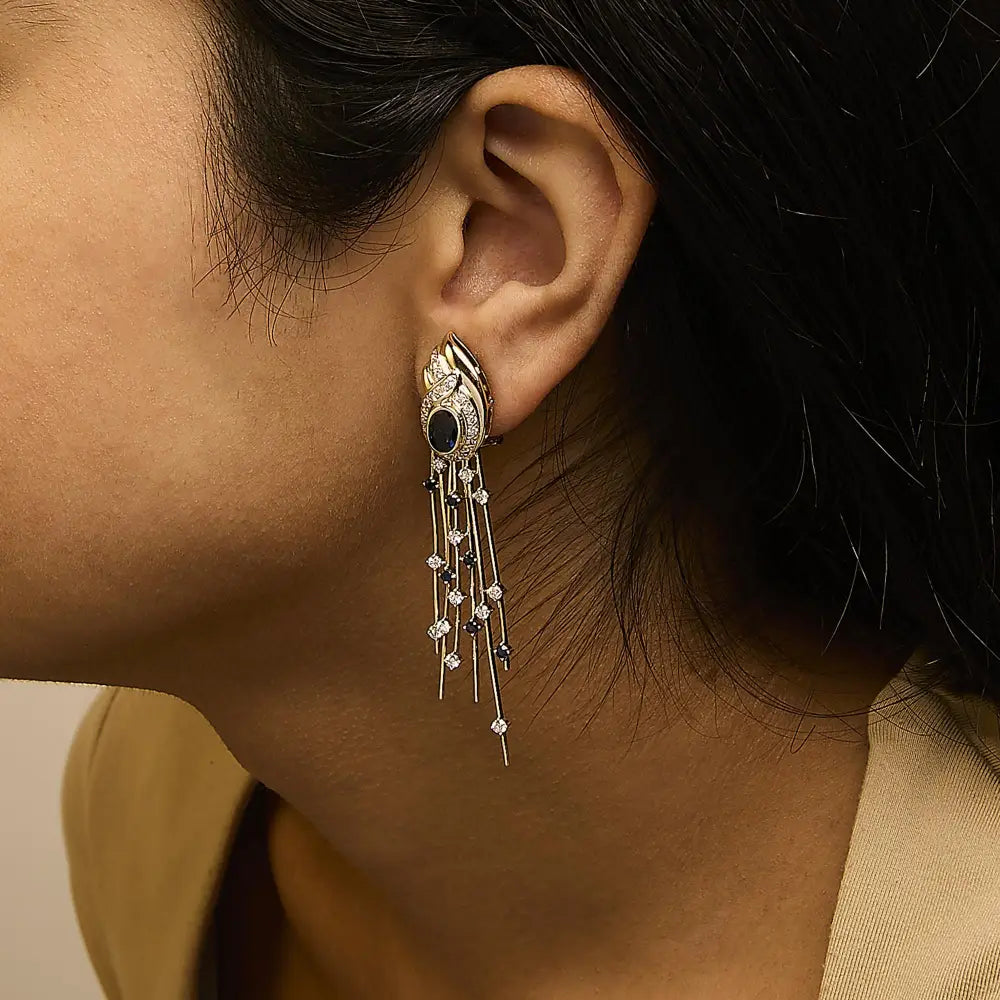 14k yellow gold 1.0 cttw diamond and blue sapphire chandelier earrings bijoux-nyc direct