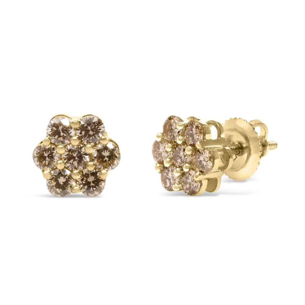 14k yellow gold 1.0 cttw diamond floral stud earrings with screw backs bijoux-nyc direct