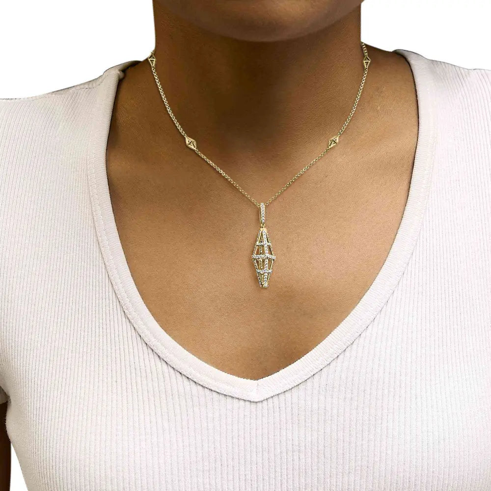 14k yellow gold 1.0 cttw diamond studded geometric double pyramid 18’’ pendant necklace (g h color si1 si2 clarity)