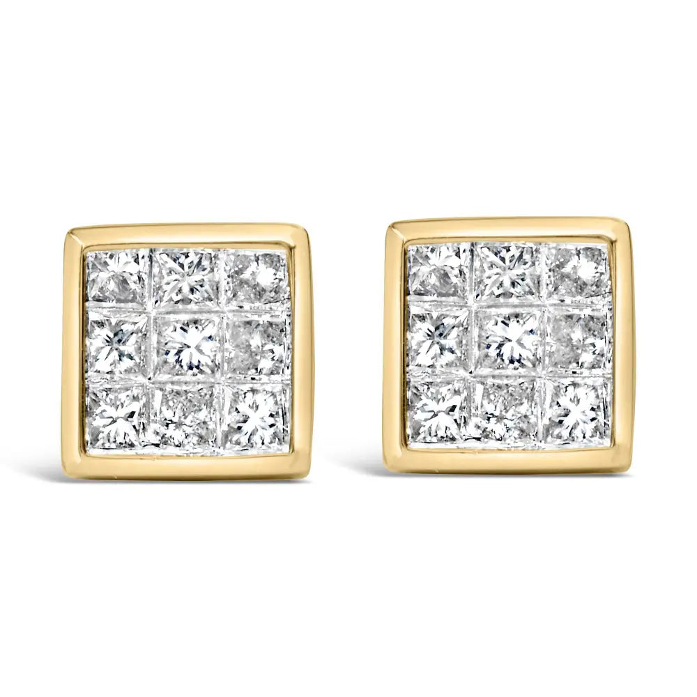 14k yellow gold 1.0 cttw princess cut diamond composite stud earrings bijoux-nyc direct