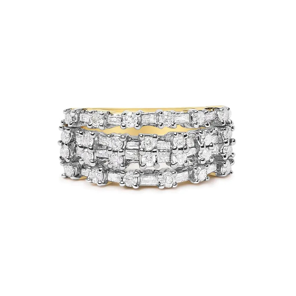 14k yellow gold 1.0 cttw round and baguette diamond multi row band ring bijoux-nyc direct