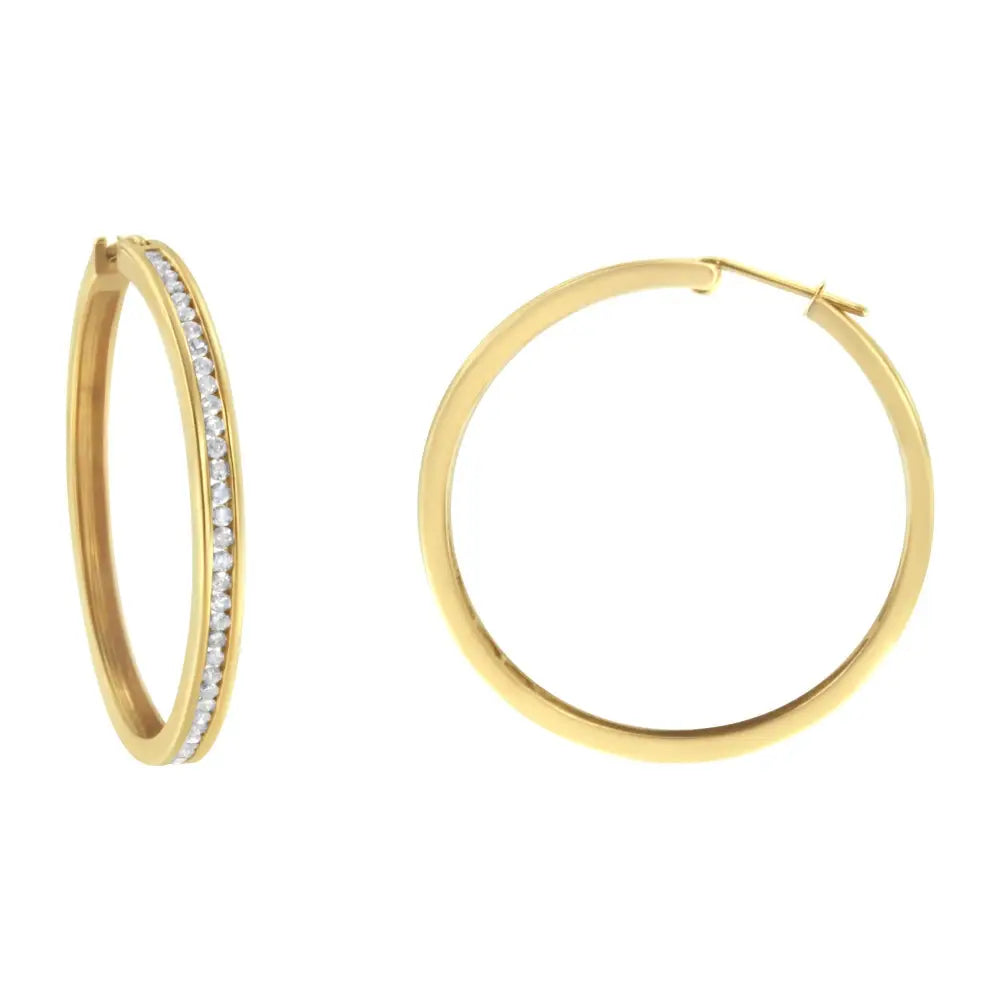 14k yellow gold 1.0 cttw diamond channel set round hoop earrings bijoux-nyc direct