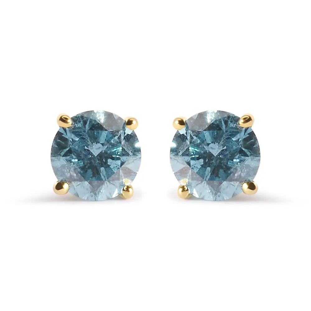 14k yellow gold 1.0 cttw round aqua blue diamond solitaire stud earrings bijoux-nyc direct