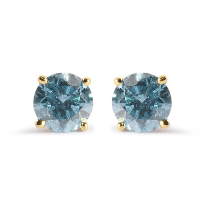 14K Yellow Gold 1.0 Cttw Treated Aqua Blue Diamond Classic Solitaire Stud Earrings (Aqua Blue Color, I2-I3 Clarity) - Bijoux-NYC Direct