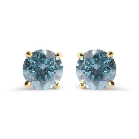 14K Yellow Gold 1.0 Cttw Treated Aqua Blue Diamond Classic Solitaire Stud Earrings (Aqua Blue Color, I2-I3 Clarity) - Bijoux-NYC Direct