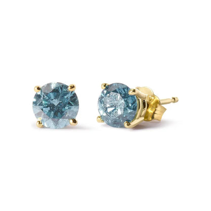 14K Yellow Gold 1.0 Cttw Treated Aqua Blue Diamond Classic Solitaire Stud Earrings (Aqua Blue Color, I2-I3 Clarity) - Bijoux-NYC Direct