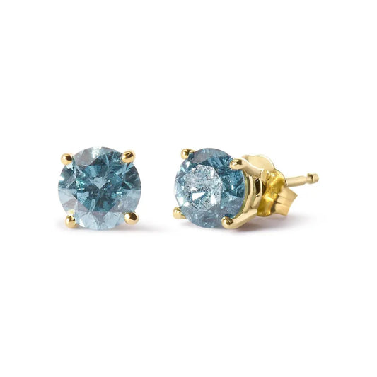 14K Yellow Gold 1.0 Cttw Treated Aqua Blue Diamond Classic Solitaire Stud Earrings (Aqua Blue Color, I2-I3 Clarity) - Bijoux-NYC Direct