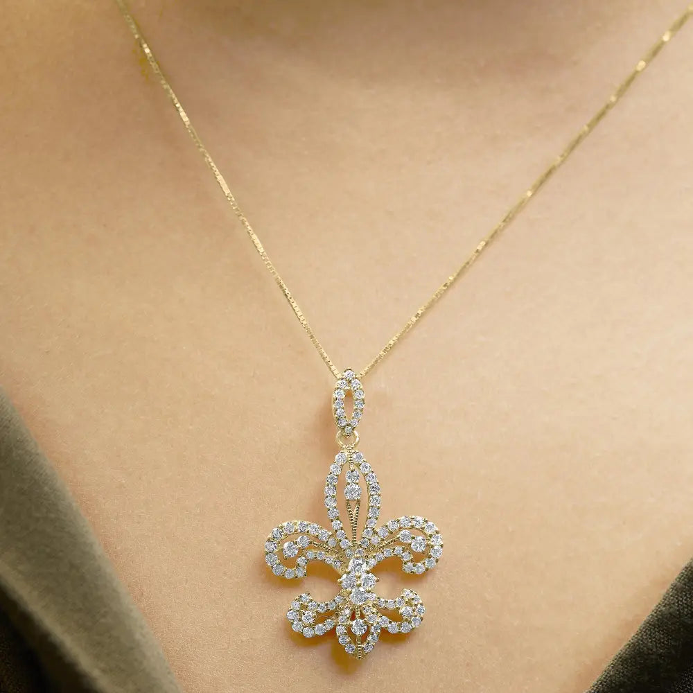 14k yellow gold 1.00 cttw diamond fleur de lis 18 inch pendant necklace bijoux-nyc direct