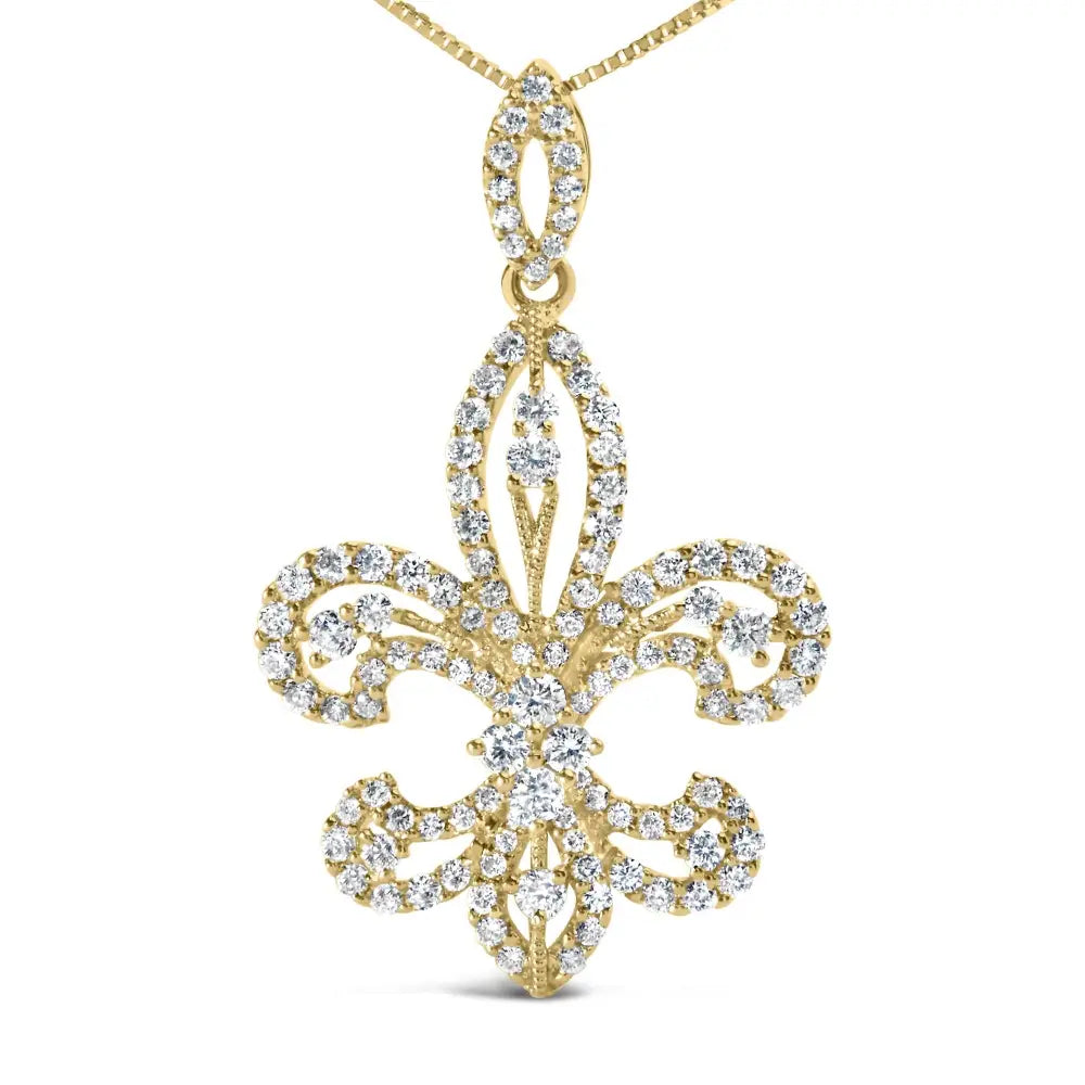 14k yellow gold 1.00 cttw diamond fleur de lis 18 inch pendant necklace bijoux-nyc direct