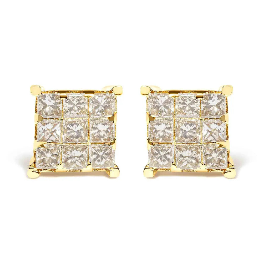 14K Yellow Gold 1 1/2 Cttw Invisible Set Princess-Cut Diamond 9 Stone Square Stud Earrings (J-K Color, SI2-I1 Clarity) - Bijoux-NYC Direct