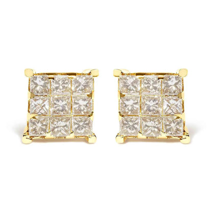 14K Yellow Gold 1 1/2 Cttw Invisible Set Princess-Cut Diamond 9 Stone Square Stud Earrings (J-K Color, SI2-I1 Clarity) - Bijoux-NYC Direct