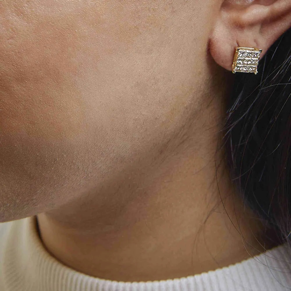 14K Yellow Gold 1 1/2 Cttw Invisible Set Princess-Cut Diamond 9 Stone Square Stud Earrings (J-K Color, SI2-I1 Clarity) - Bijoux-NYC Direct