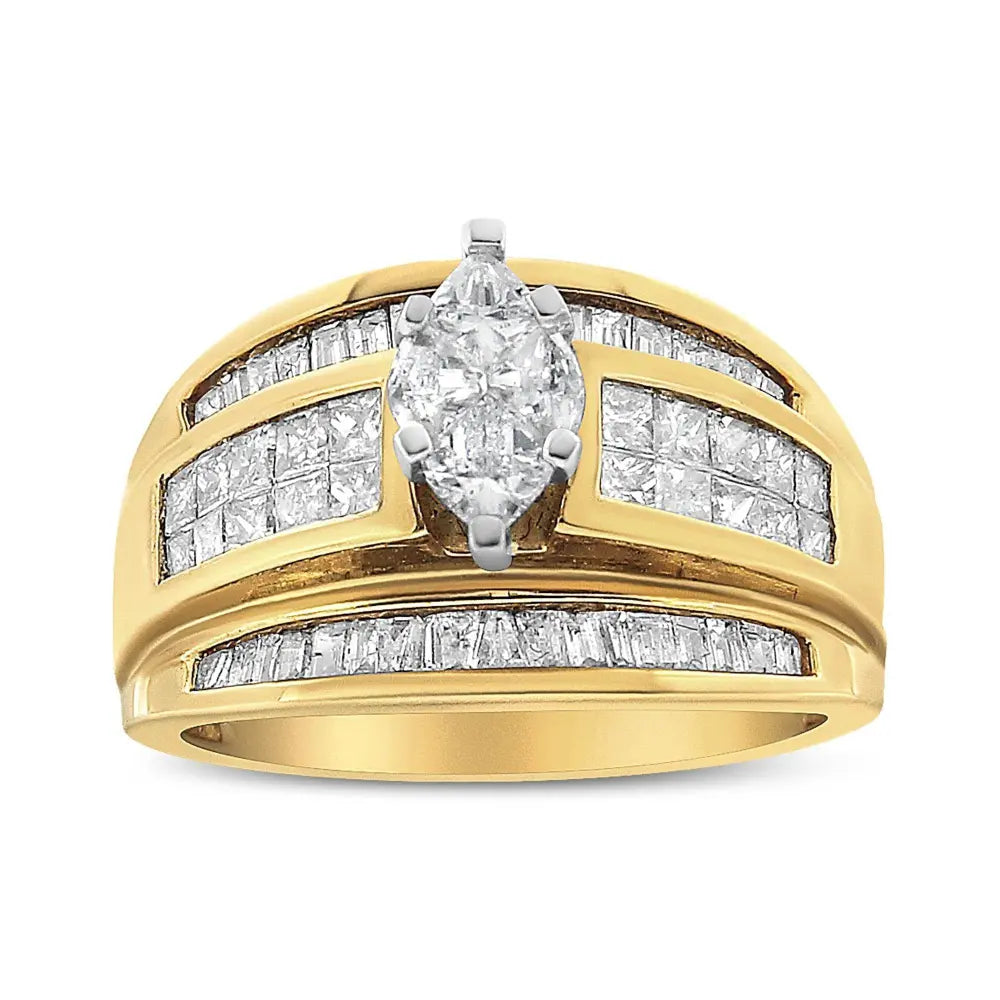 14K Yellow Gold 1 1/2 Cttw Pie, Princess and Baguette-cut Diamond Marquise Shaped Engagement Cocktail Ring Band (H-I Color, I1-I2 Clarity) - Bijoux-NYC Direct