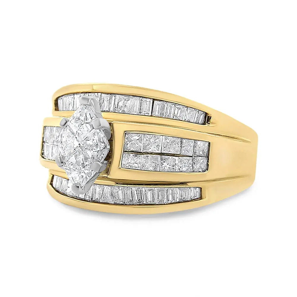 14K Yellow Gold 1 1/2 Cttw Pie, Princess and Baguette-cut Diamond Marquise Shaped Engagement Cocktail Ring Band (H-I Color, I1-I2 Clarity) - Bijoux-NYC Direct