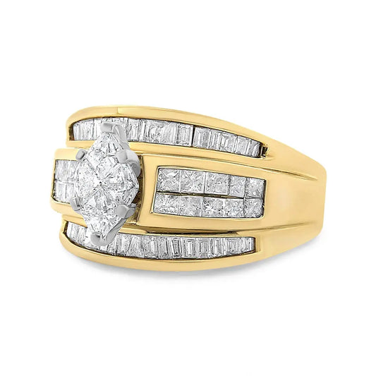 14K Yellow Gold 1 1/2 Cttw Pie, Princess and Baguette-cut Diamond Marquise Shaped Engagement Cocktail Ring Band (H-I Color, I1-I2 Clarity) - Bijoux-NYC Direct